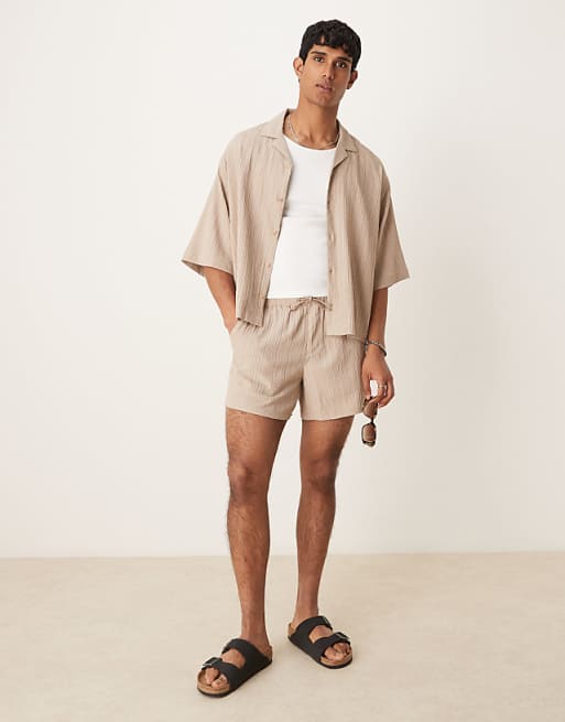 ASOS DESIGN Co-ord Textured Boxy Oversized Revere Shirt In Beige