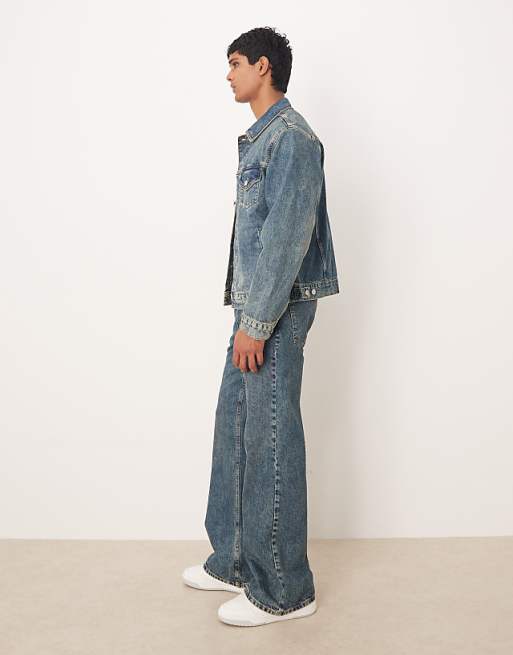 ASOS DESIGN Co-ord Wide Flare Jeans In Mid Wash Blue With Yellow Tint