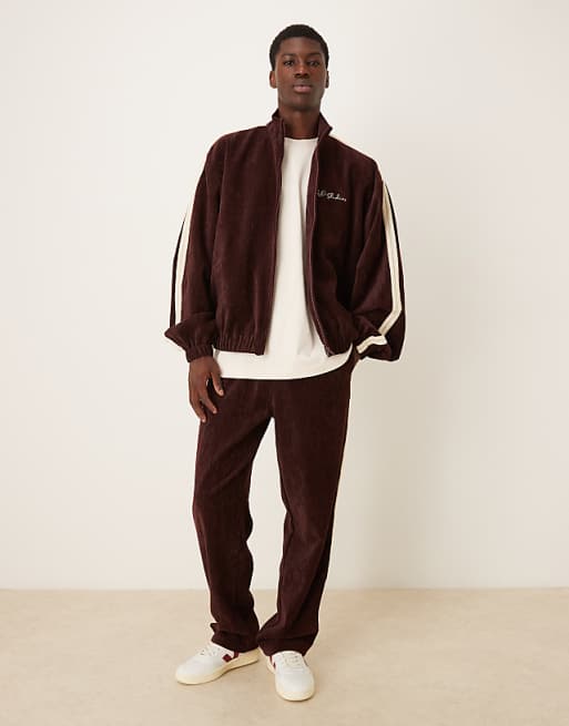 ASOS DESIGN Cord Track Jacket With Embroidery In Burgundy