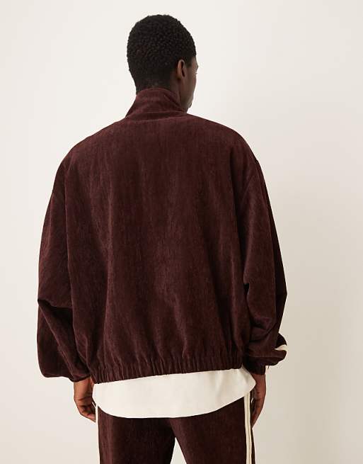 ASOS DESIGN Cord Track Jacket With Embroidery In Burgundy