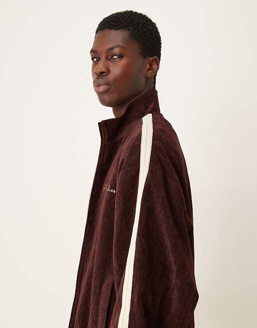ASOS DESIGN Cord Track Jacket With Embroidery In Burgundy