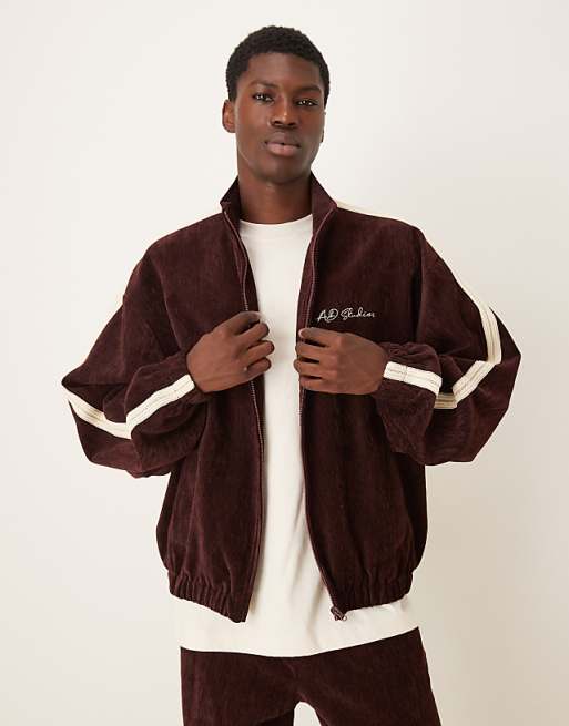 ASOS DESIGN cord track jacket with embroidery in burgundy