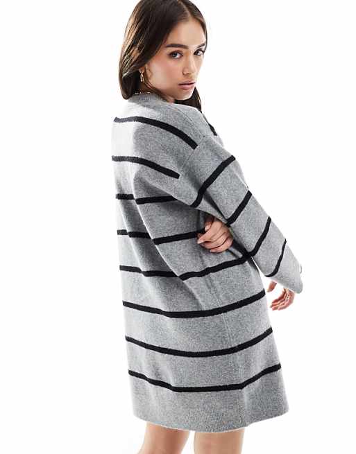 ASOS DESIGN Crew Neck Mini Dress With Wide Cuff In Grey Stripe