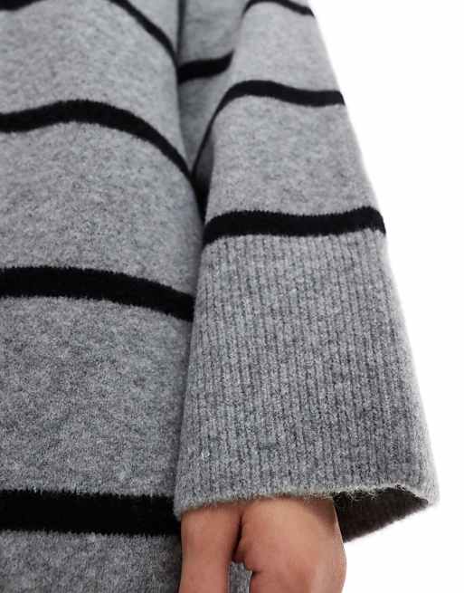 ASOS DESIGN Crew Neck Mini Dress With Wide Cuff In Grey Stripe