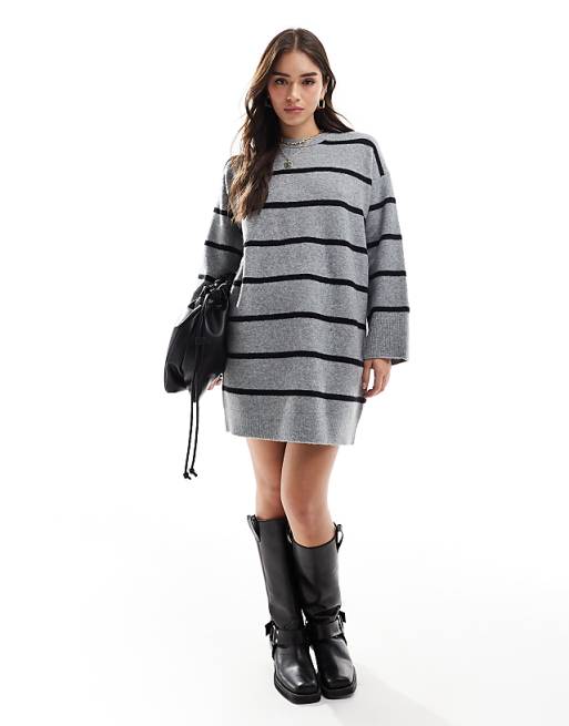 ASOS DESIGN Crew Neck Mini Dress With Wide Cuff In Grey Stripe