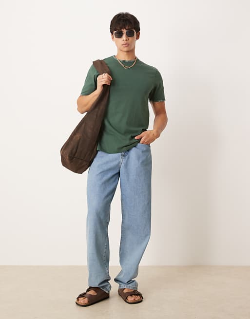 ASOS DESIGN Crew Neck T-shirt With Contrast Blanket Stitch In Green
