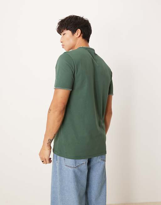 ASOS DESIGN Crew Neck T-shirt With Contrast Blanket Stitch In Green