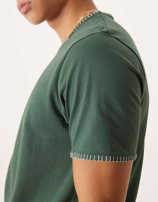 ASOS DESIGN Crew Neck T-shirt With Contrast Blanket Stitch In Green