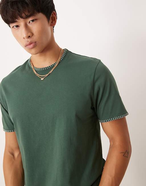 ASOS DESIGN crew neck t-shirt with contrast blanket stitch in green