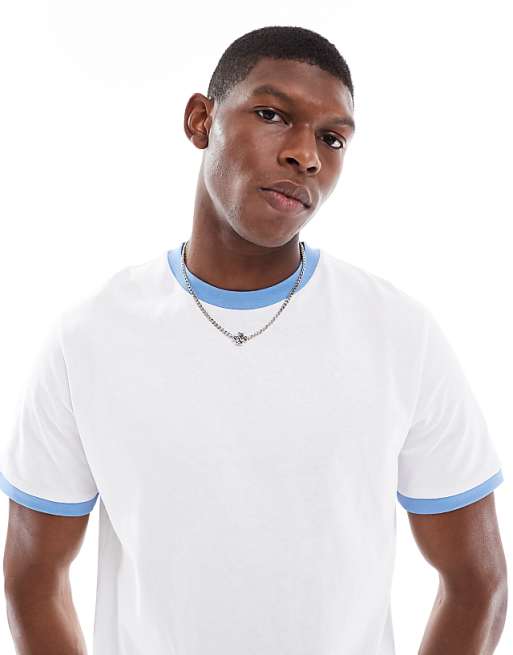 ASOS DESIGN crew neck t-shirt with contrast blue binding in white