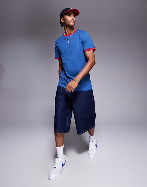 ASOS DESIGN Crew Neck T-shirt With Contrast Red Binding In Blue