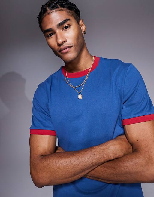 ASOS DESIGN Crew Neck T-shirt With Contrast Red Binding In Blue