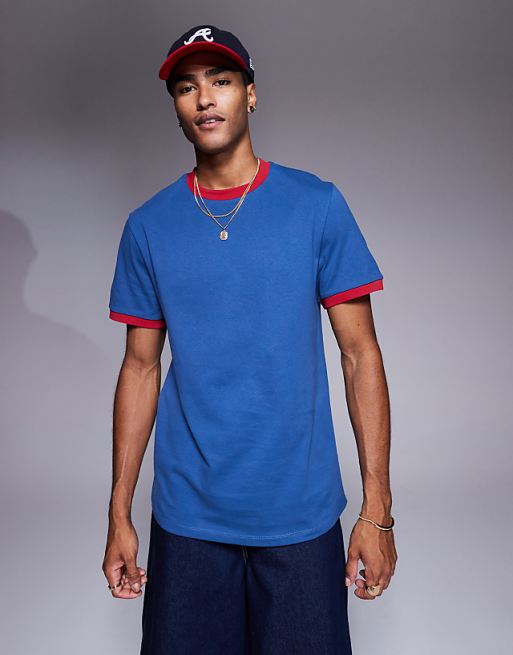 ASOS DESIGN crew neck t-shirt with contrast red binding in blue