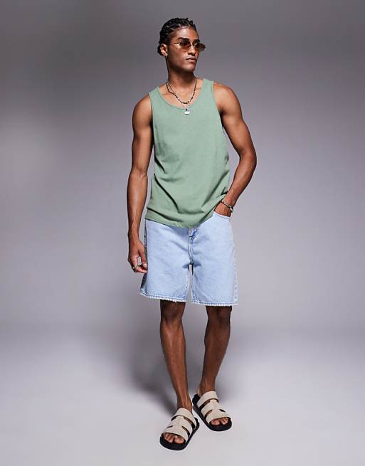 ASOS DESIGN Crew Neck Tank In Sage Linen Mix