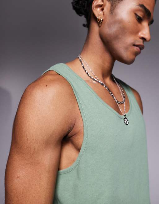 ASOS DESIGN Crew Neck Tank In Sage Linen Mix