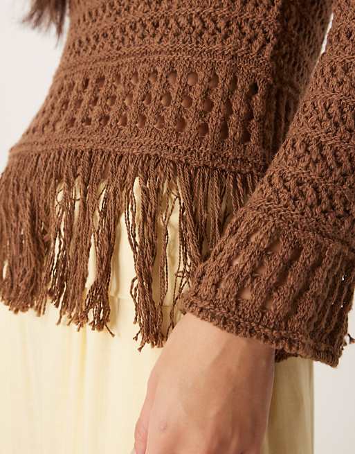 ASOS DESIGN Crochet Look Off Shoulder Jumper With Fringe Hem In Chocolate