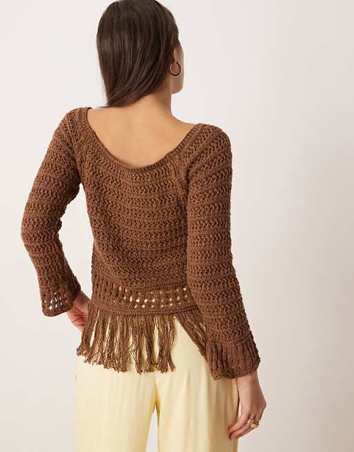 ASOS DESIGN Crochet Look Off Shoulder Jumper With Fringe Hem In Chocolate