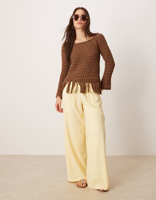 ASOS DESIGN Crochet Look Off Shoulder Jumper With Fringe Hem In Chocolate