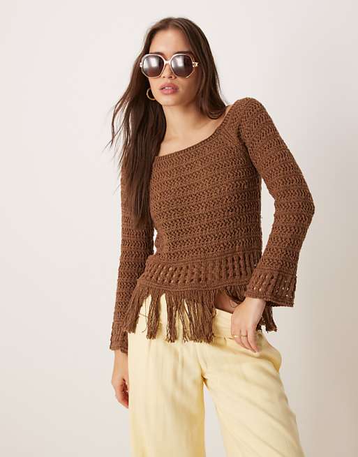 ASOS DESIGN crochet look off shoulder jumper with fringe hem in chocolate