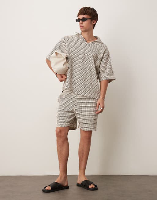 ASOS DESIGN Crochet Oversized Striped Polo Shirt Co-ord In Black And White