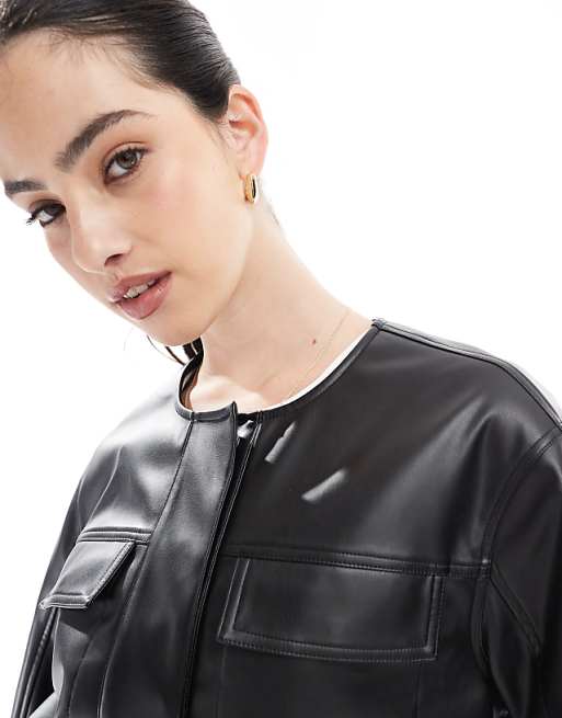 ASOS DESIGN Cropped Collarless Leather Look Jacket In Black