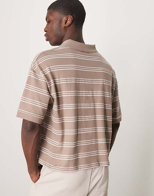 ASOS DESIGN Cropped Oversized Polo In Beige Stripe