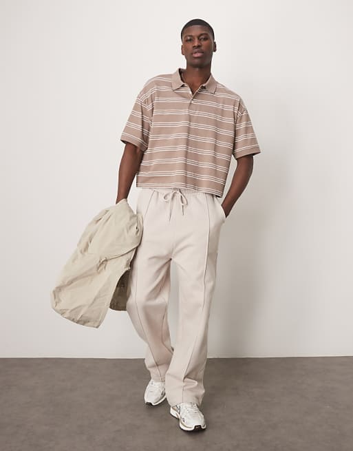 ASOS DESIGN Cropped Oversized Polo In Beige Stripe