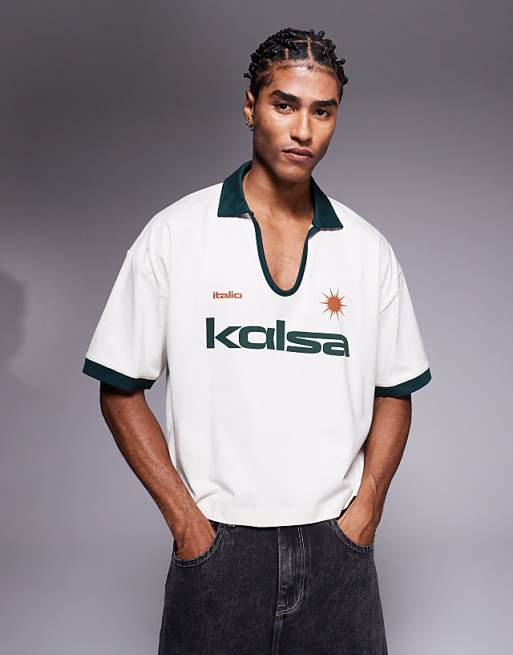 ASOS DESIGN cropped oversized polo with chest embroidery and contrast collar in cream