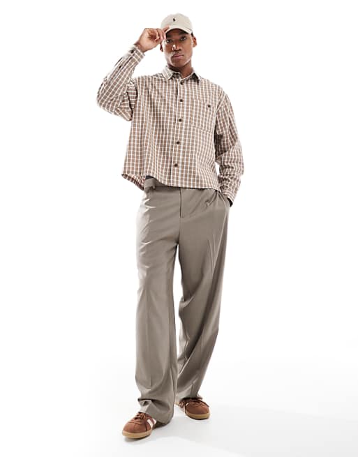 ASOS DESIGN Cropped Oversized Shirt In Brown Check