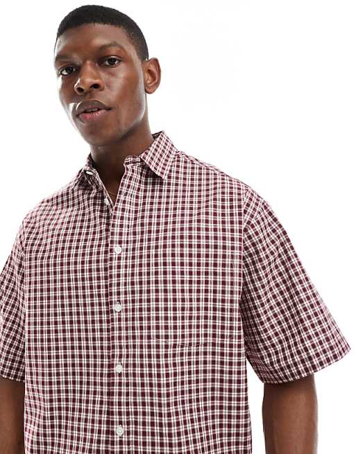 ASOS DESIGN Cropped Oversized Shirt In Burgundy Check