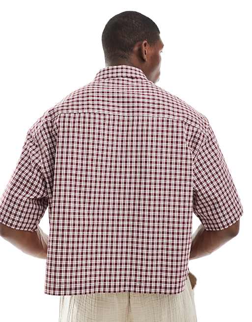 ASOS DESIGN Cropped Oversized Shirt In Burgundy Check