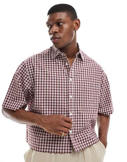 ASOS DESIGN cropped oversized shirt in burgundy check