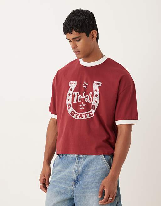ASOS DESIGN cropped oversized t-shirt with horse shoe graphic in rusty red