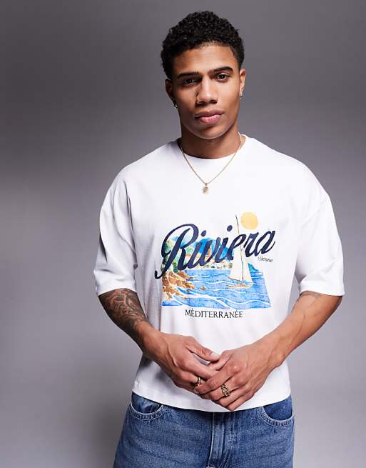 ASOS DESIGN cropped oversized t-shirt with sailing graphic in white