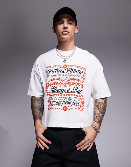 ASOS DESIGN cropped oversized t-shirt with text graphic in off white