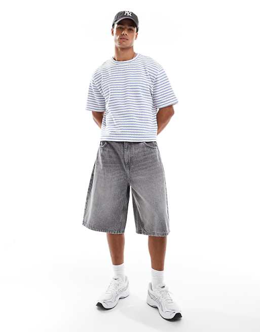 ASOS DESIGN Cropped Relaxed T-shirt In Heavyweight Blue Textured Stripe
