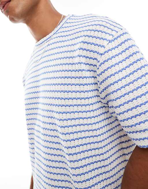ASOS DESIGN Cropped Relaxed T-shirt In Heavyweight Blue Textured Stripe