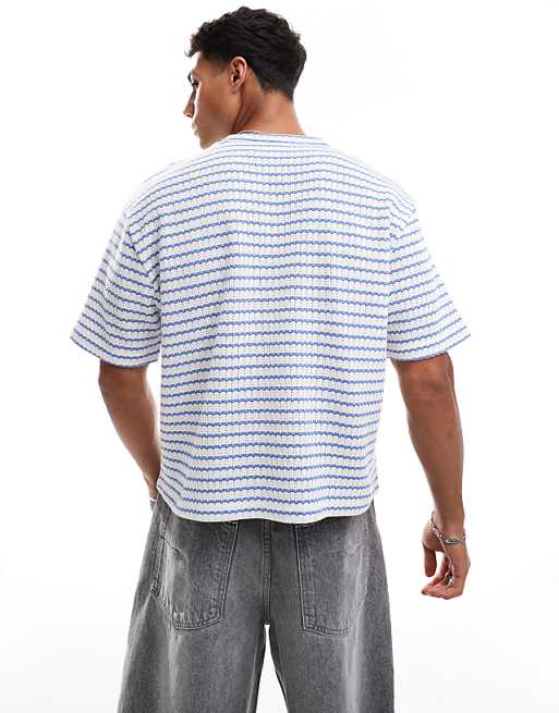 ASOS DESIGN Cropped Relaxed T-shirt In Heavyweight Blue Textured Stripe