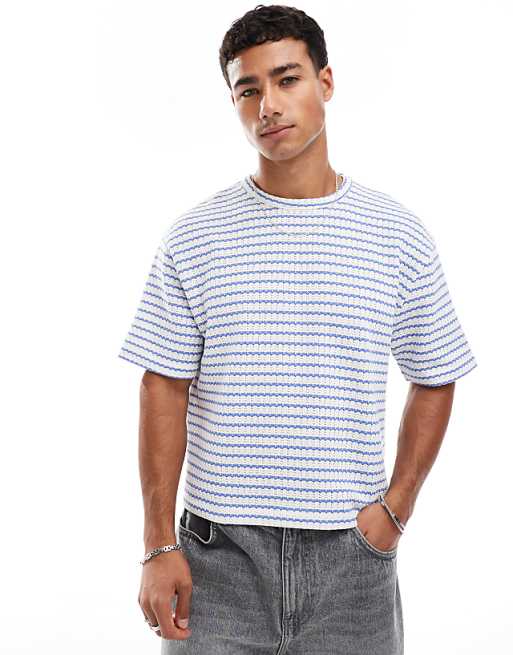 ASOS DESIGN cropped relaxed t-shirt in heavyweight blue textured stripe
