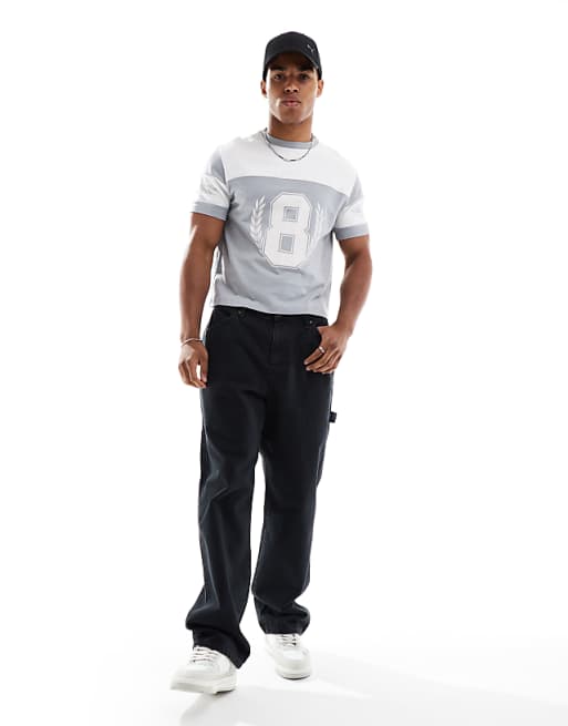ASOS DESIGN Cropped Standard Fit T-shirt With Sports Graphic And Panelling In Grey