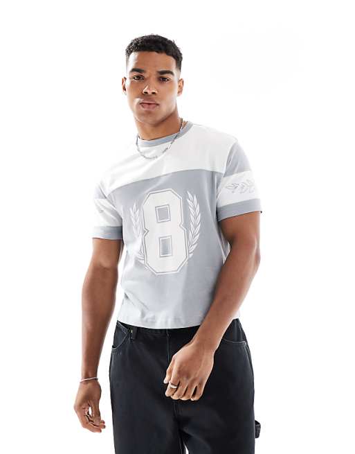 ASOS DESIGN cropped standard fit t-shirt with sports graphic and panelling in grey