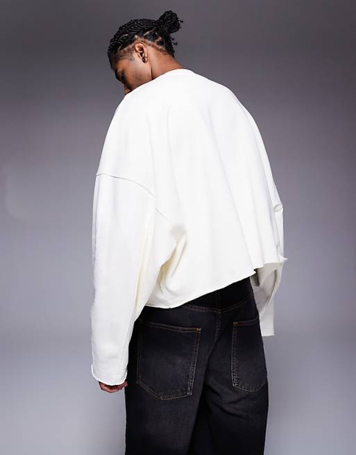 ASOS DESIGN Cropped Sweatshirt With Raw Hem With Chest Print In White