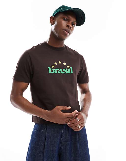 ASOS DESIGN Cropped T-shirt With Brasil Sports Graphic In Brown