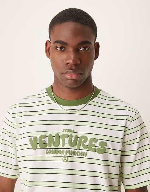 ASOS DESIGN Cropped T-shirt With Puff Text Graphic In Green Stripe