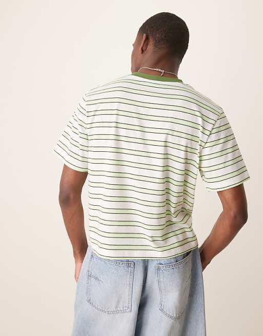 ASOS DESIGN Cropped T-shirt With Puff Text Graphic In Green Stripe