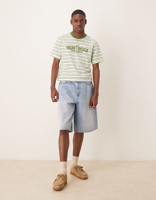 ASOS DESIGN Cropped T-shirt With Puff Text Graphic In Green Stripe