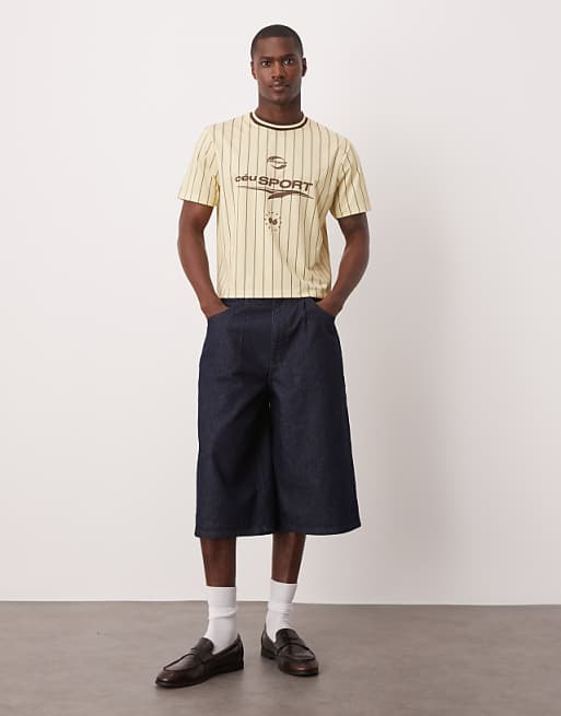 ASOS DESIGN Cropped T-shirt With Stripe And Graphic In Cream Sports Fabric