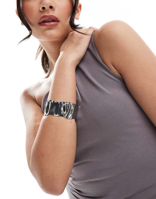 ASOS DESIGN Cuff Bracelet With Molten Hammered Detail In Silver Tone
