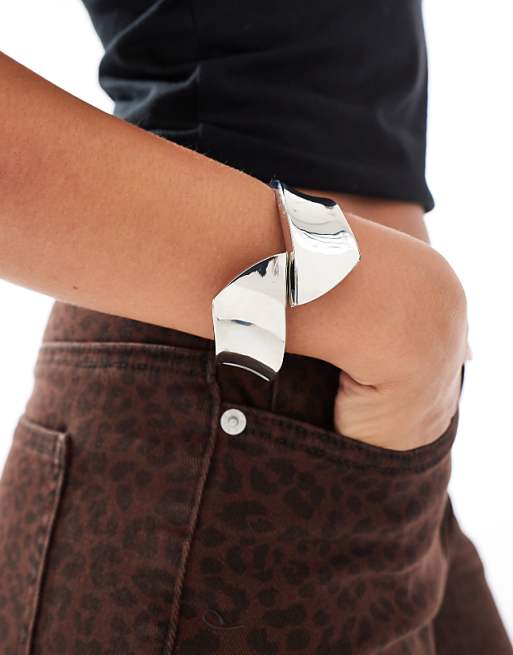 ASOS DESIGN cuff bracelet with square wrap-around detail in silver tone