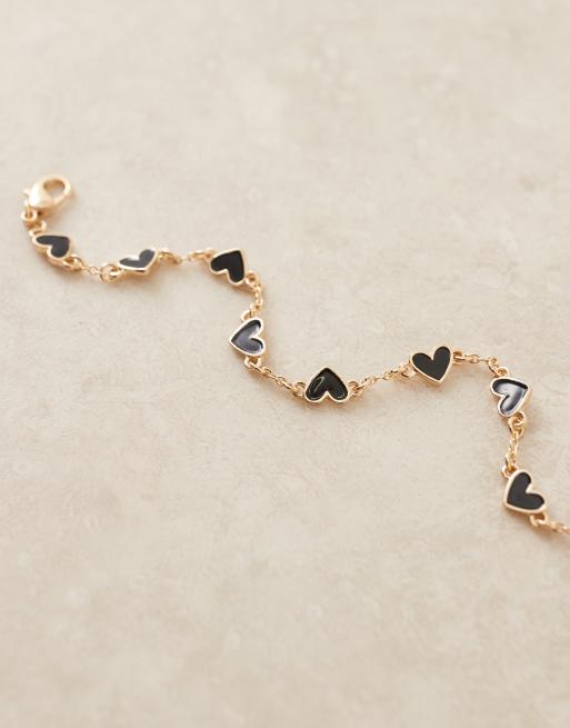 ASOS DESIGN Curve Chain Bracelet With Black Enamel Heart Details In Gold Tone